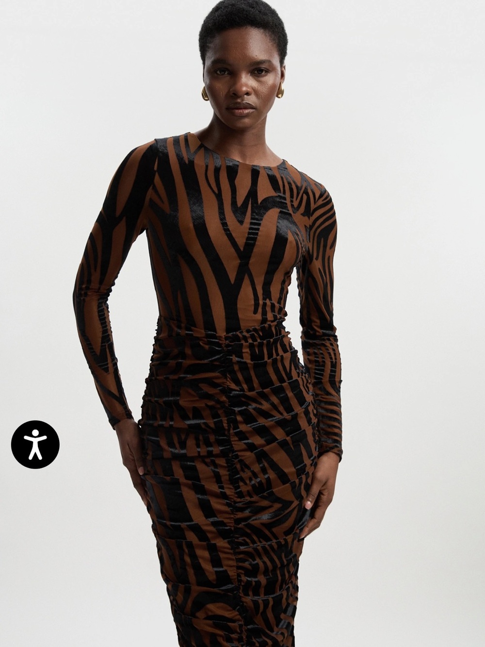 Karen Millen Brown and Black Zebra-Print Ruched Long-Sleeve Dress
